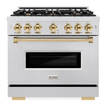 ZLINE 36 in. Gas Range 5.2 cu. ft. 6 Burner Cooktop Convection Gas Oven Satin Stainless Steel with Polished Gold Accents (CGRSZ-36-G)