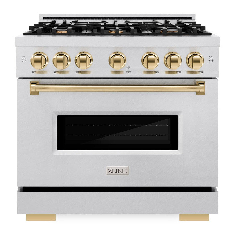 ZLINE 36 in. Gas Range 5.2 cu. ft. 6 Burner Cooktop Convection Gas Oven Satin Stainless Steel with Polished Gold Accents (CGRSZ-36-G)