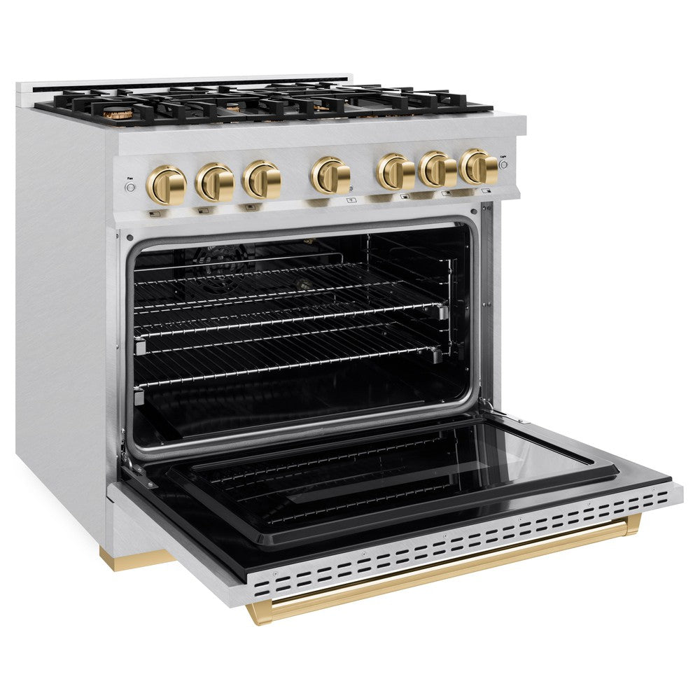 ZLINE 36 in. Gas Range 5.2 cu. ft. 6 Burner Cooktop Convection Gas Oven Satin Stainless Steel with Polished Gold Accents (CGRSZ-36-G)