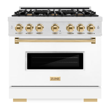 ZLINE 36 in. Gas Range – 6 Burner Cooktop, Convection Gas Oven, White Matte Door, Polished Gold Accents, Satin Stainless Steel – 5.2 cu. ft. (CGRSZ-WM-36-G)