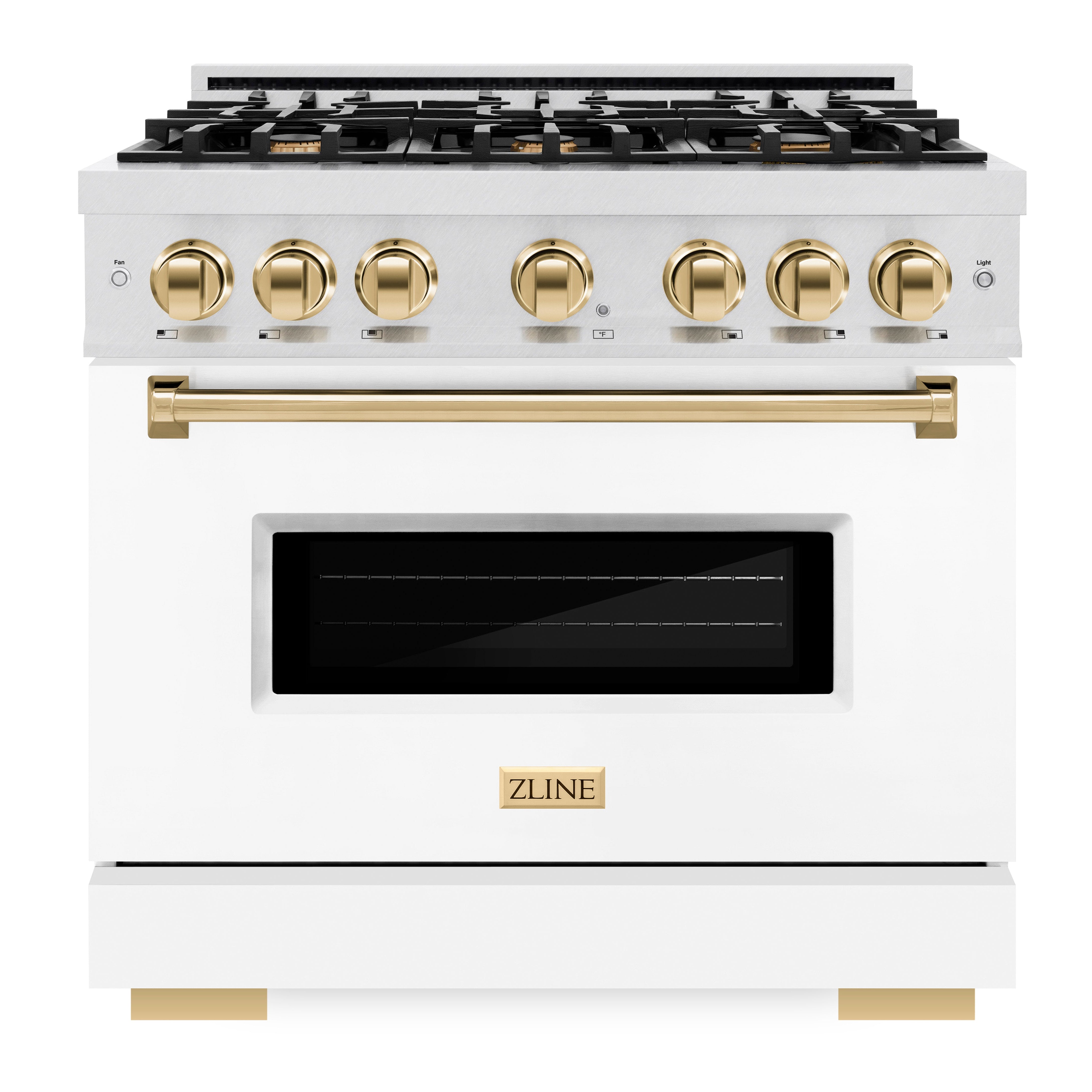 ZLINE 36 in. Gas Range – 6 Burner Cooktop, Convection Gas Oven, White Matte Door, Polished Gold Accents, Satin Stainless Steel – 5.2 cu. ft. (CGRSZ-WM-36-G)