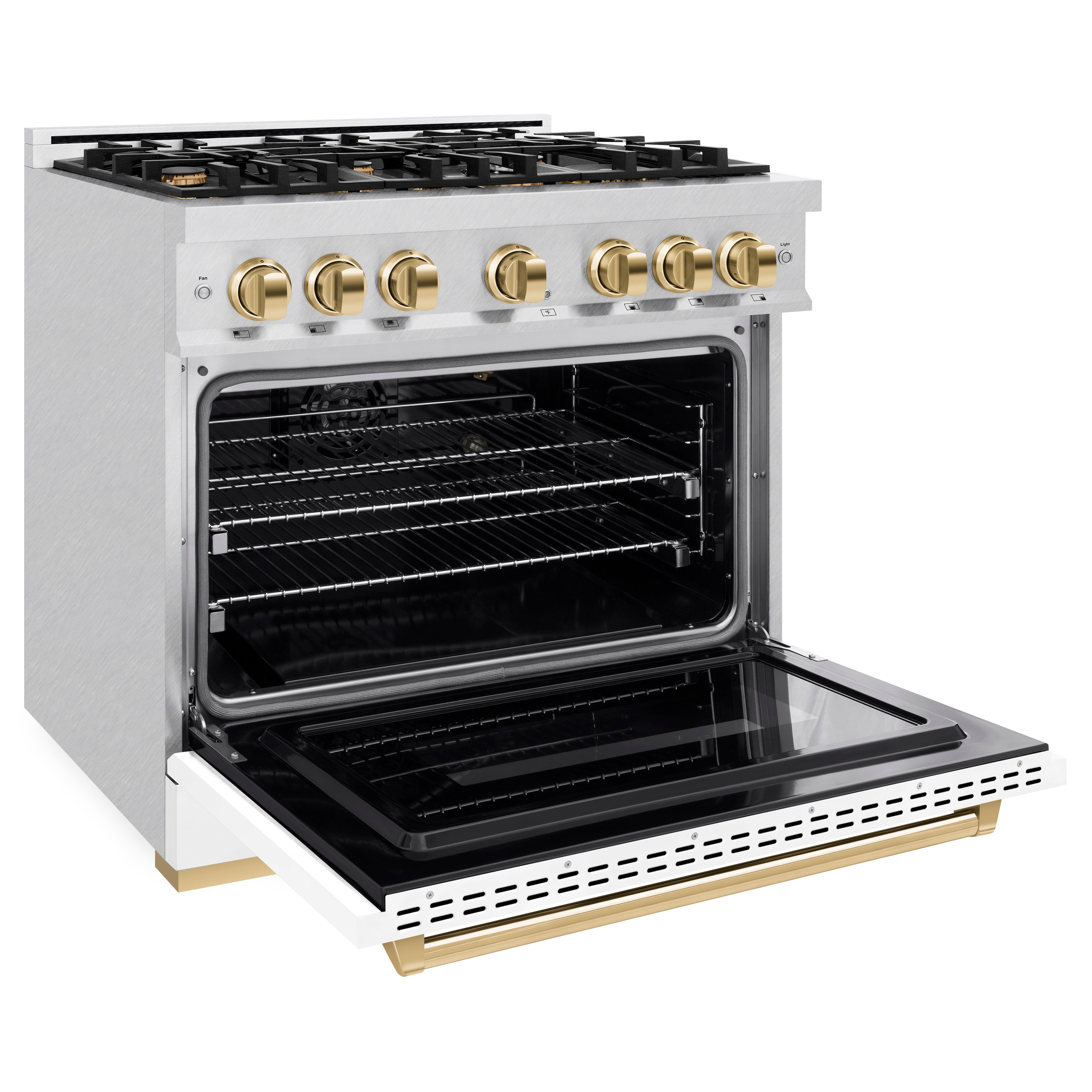 ZLINE 36 in. Gas Range – 6 Burner Cooktop, Convection Gas Oven, White Matte Door, Polished Gold Accents, Satin Stainless Steel – 5.2 cu. ft. (CGRSZ-WM-36-G)