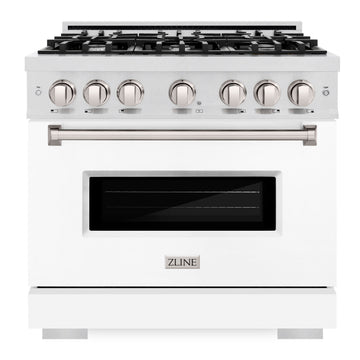 ZLINE 36 in. Dual Fuel Range 5.2 cu. ft. 6 Gas Burners Electric Convection Oven Satin Stainless Steel White Matte Door (CDRS-WM-36)