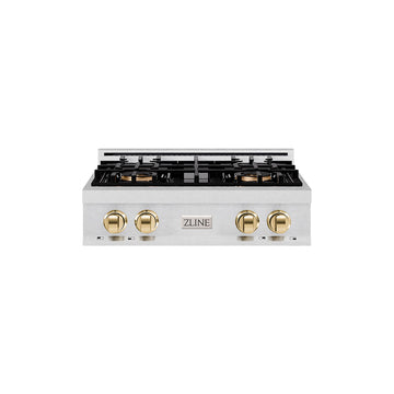 ZLINE Autograph Edition 30" Classic Gas Rangetop with 4 Burner DuoPro™ Cooktop in Satin Stainless Steel and Polished Gold Accents, PCRTSZ-30-G