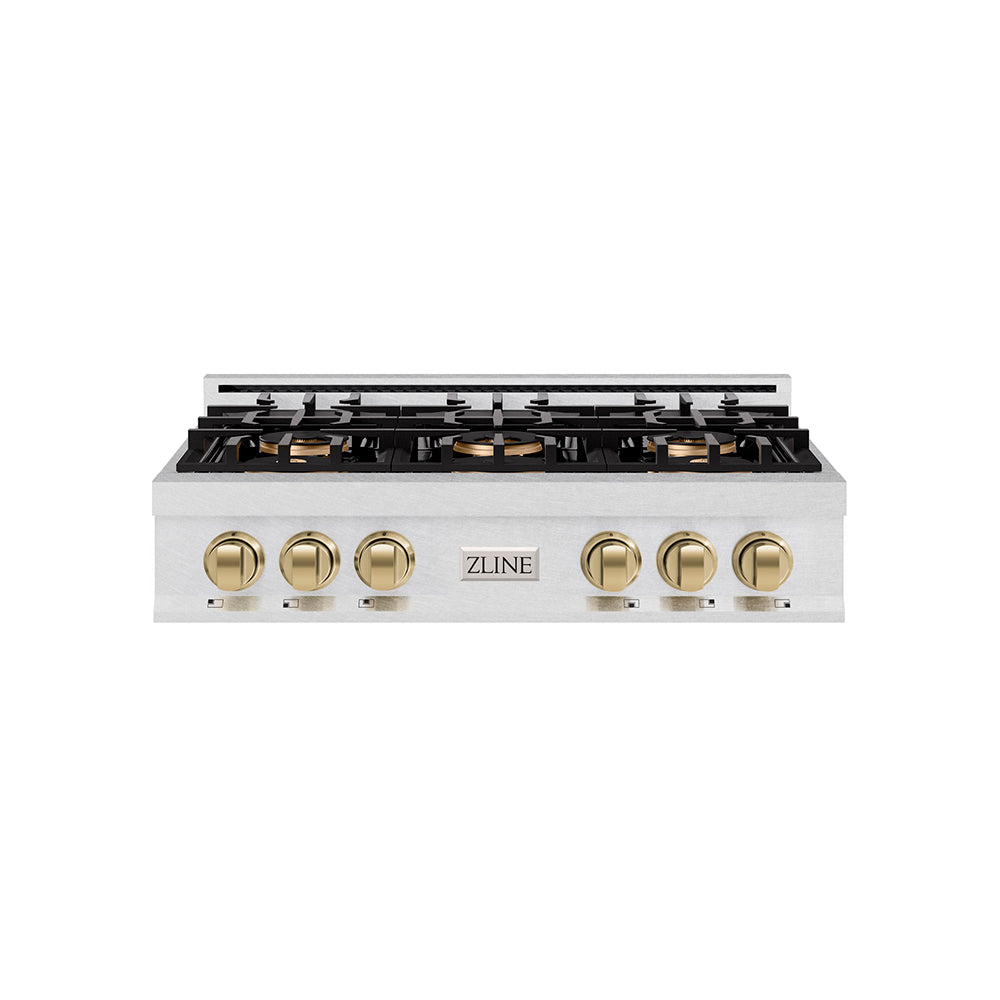 ZLINE Autograph 36" Classic Gas Rangetop with 6 Burner DuoPro™ Cooktop in Satin Stainless Steel and Champagne Bronze Accents, PCRTSZ-36-CB