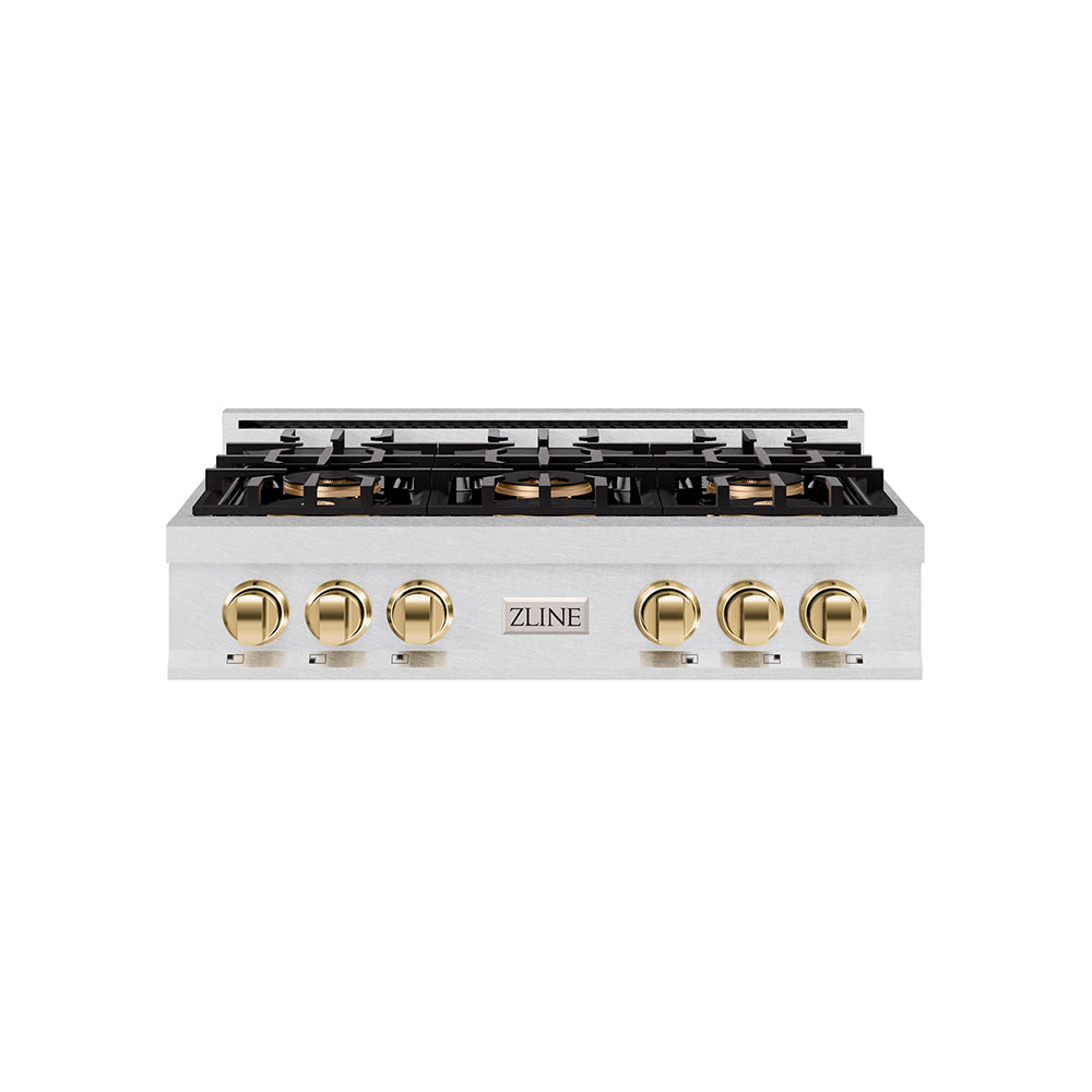 ZLINE Autograph 36" Classic Gas Rangetop with 6 Burner DuoPro™ Cooktop in Satin Stainless Steel and Polished Gold Accents, PCRTSZ-36-G