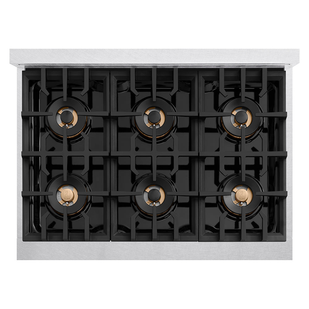 ZLINE Autograph 36" Classic Gas Rangetop with 6 Burner DuoPro™ Cooktop in Satin Stainless Steel and Matte Black Accents, PCRTSZ-36-MB