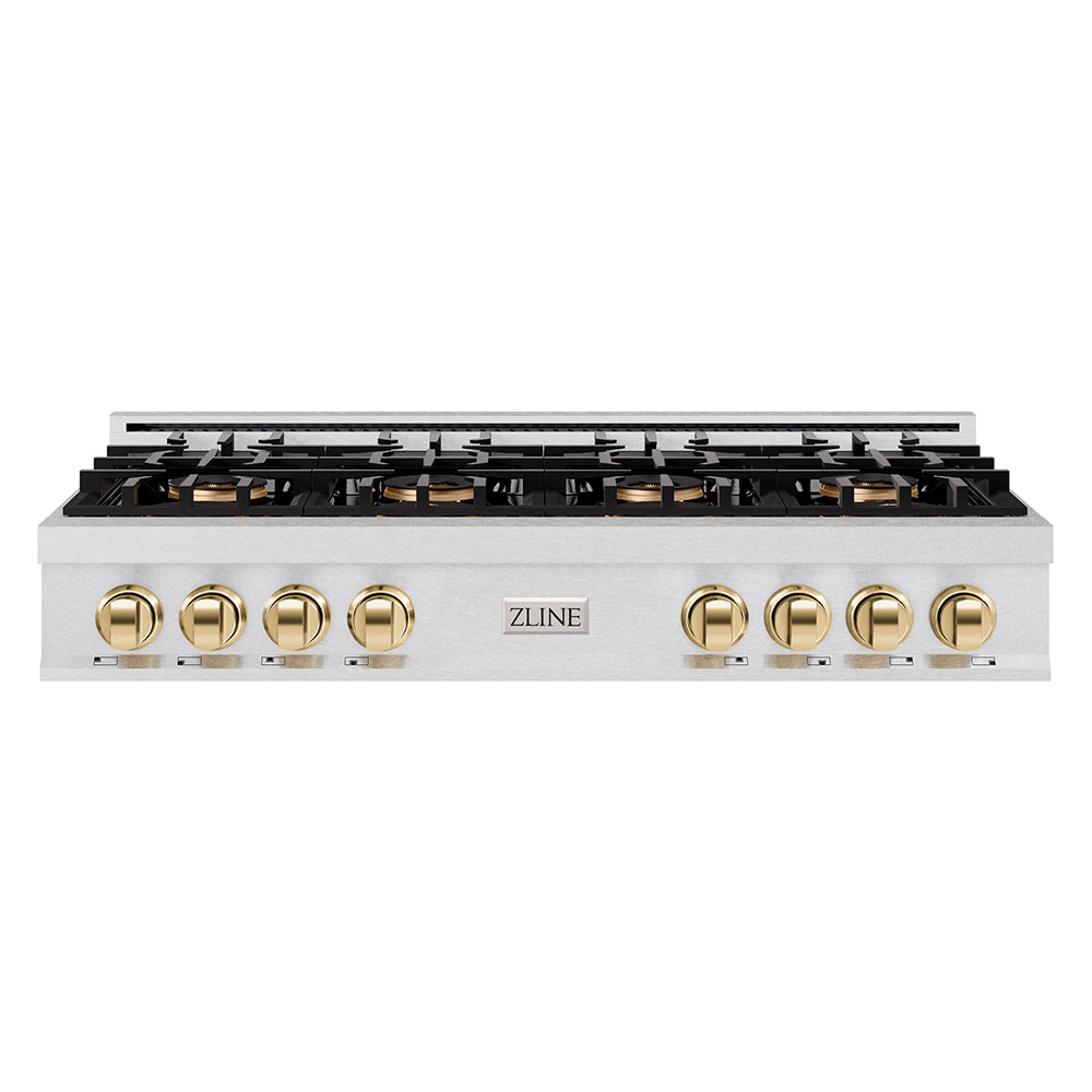 ZLINE Autograph 48" Classic Gas Rangetop with 8 Burner DuoPro™ Cooktop in Satin Stainless Steel and Polished Gold Accents, PCRTSZ-48-G