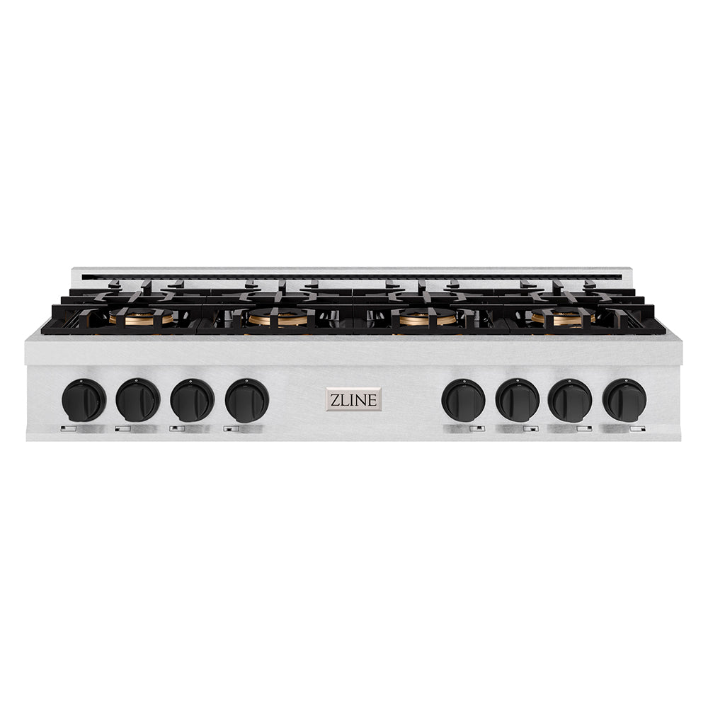 ZLINE Autograph 48" Classic Gas Rangetop with 8 Burner DuoPro™ Cooktop in Satin Stainless Steel and Matte Black Accents, PCRTSZ-48-MB