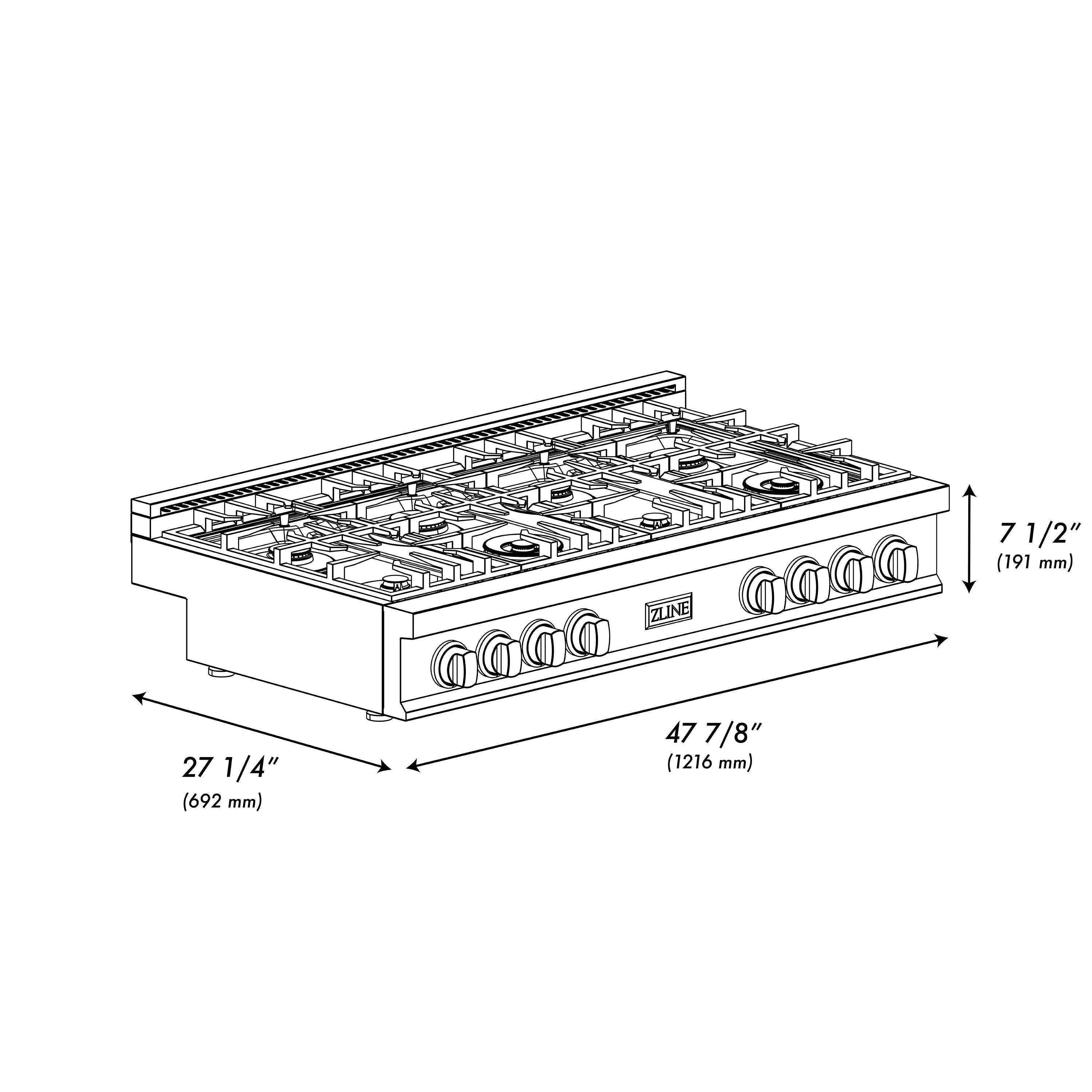 ZLINE 48" Legacy Gas Rangetop with 6 Brass Burners and Porcelain Cooktop in Satin Stainless Steel with Griddle, RTS-BR-GR-48