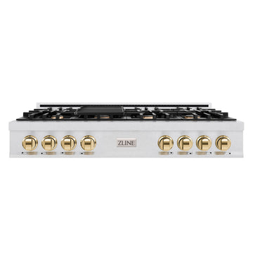 ZLINE Autograph 48" Legacy Gas Rangetop with 7 Burners and Porcelain Cooktop in Satin Stainless Steel with Polished Gold Accents, RTSZ-48-G