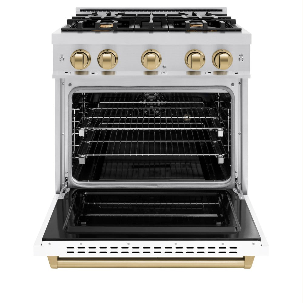 ZLINE Autograph Edition 30 in. 4.2 cu. ft. Classic Dual Fuel Range, 4 Burner Gas Cooktop, Electric Convection Oven, Stainless Steel with White Matte Door & Champagne Bronze Accents (CDRZ-WM-30-CB)