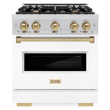 ZLINE Autograph Edition 30 in. 4.2 cu. ft. Classic Dual Fuel Range, 4 Burner Gas Cooktop, Electric Convection Oven, Stainless Steel with White Matte Door & Champagne Bronze Accents (CDRZ-WM-30-CB)