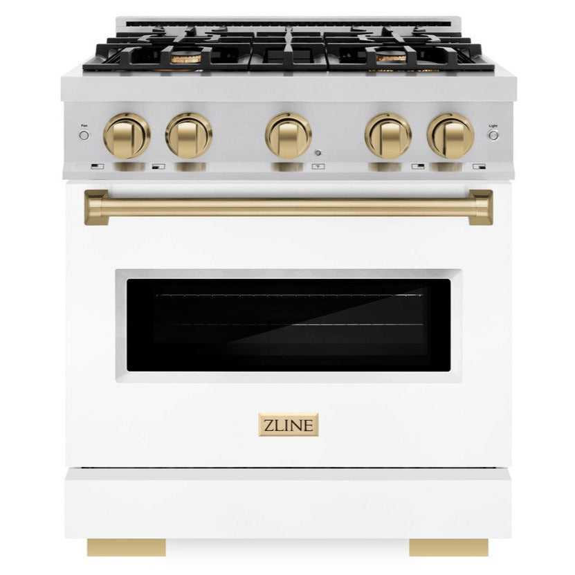 ZLINE Autograph Edition 30 in. 4.2 cu. ft. Classic Dual Fuel Range, 4 Burner Gas Cooktop, Electric Convection Oven, Stainless Steel with White Matte Door & Champagne Bronze Accents (CDRZ-WM-30-CB)