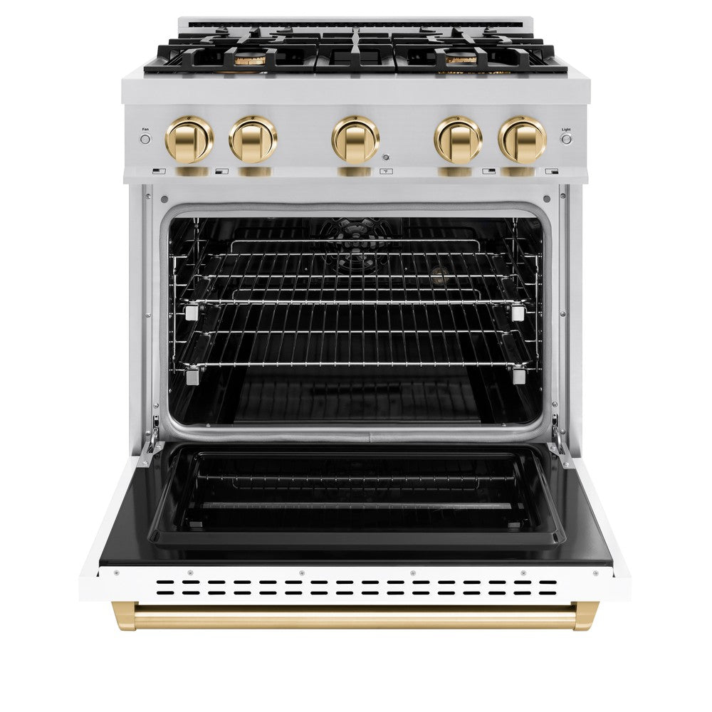 ZLINE Autograph Edition 30 in. Dual Fuel Range with 4 Gas Burners and Electric Convection Oven, 4.2 cu. ft., Stainless Steel with White Matte Door and Polished Gold Accents (CDRZ-WM-30-G)