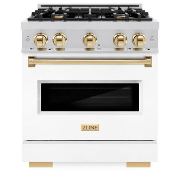 ZLINE Autograph Edition 30 in. Dual Fuel Range with 4 Gas Burners and Electric Convection Oven, 4.2 cu. ft., Stainless Steel with White Matte Door and Polished Gold Accents (CDRZ-WM-30-G)