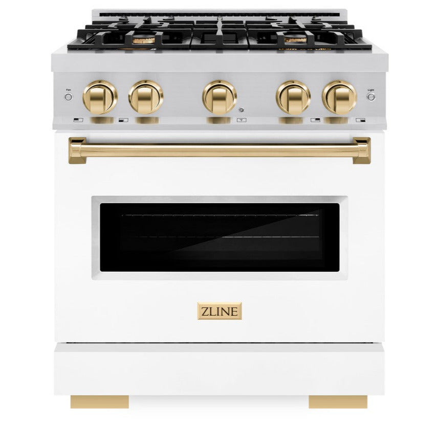 ZLINE Autograph Edition 30 in. Dual Fuel Range with 4 Gas Burners and Electric Convection Oven, 4.2 cu. ft., Stainless Steel with White Matte Door and Polished Gold Accents (CDRZ-WM-30-G)