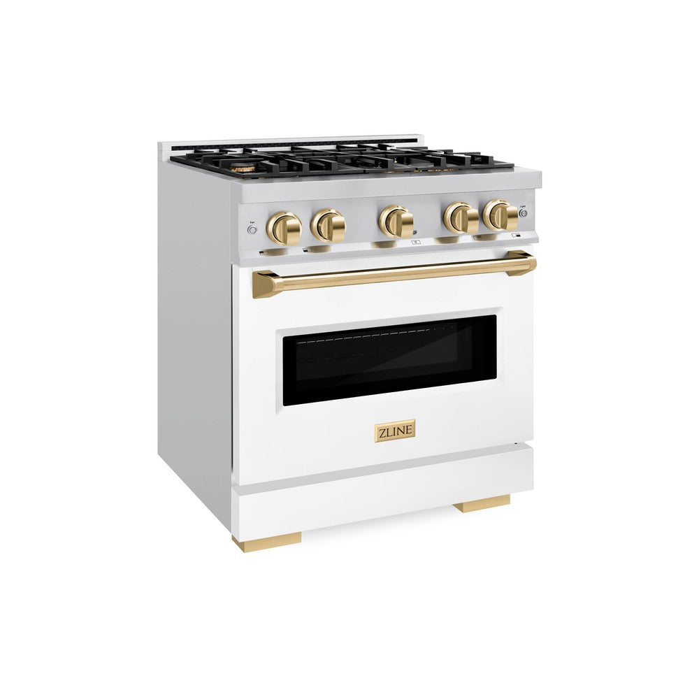 ZLINE Autograph Edition 30 in. Dual Fuel Range with 4 Gas Burners and Electric Convection Oven, 4.2 cu. ft., Stainless Steel with White Matte Door and Polished Gold Accents (CDRZ-WM-30-G)