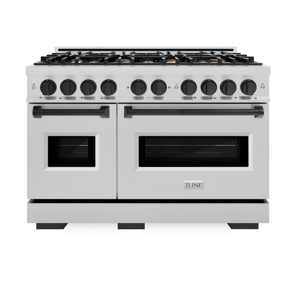 ZLINE Autograph Edition 48 in. Classic Double Oven Dual Fuel Range with 8 Gas Burners, 6.7 cu. ft. Capacity, Stainless Steel with Matte Black Accents (CDRZ-48-MB)