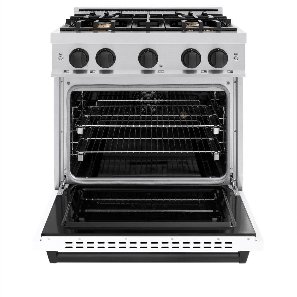 ZLINE Autograph Edition 30 in. Classic Dual Fuel Range, 4 Burners, 4.2 cu. ft. Oven, Stainless Steel with White Matte Door and Matte Black Accents (CDRZ-WM-30-MB)