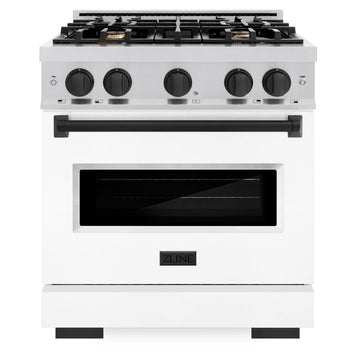 ZLINE Autograph Edition 30 in. Classic Dual Fuel Range, 4 Burners, 4.2 cu. ft. Oven, Stainless Steel with White Matte Door and Matte Black Accents (CDRZ-WM-30-MB)