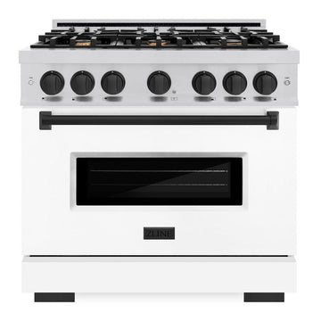 ZLINE Autograph Edition 36 in. 5.2 cu. ft. Classic Dual Fuel Range with 6 Burner Gas Cooktop and Electric Convection Oven in Stainless Steel with White Matte Door and Matte Black Accents (CDRZ-WM-36-MB)