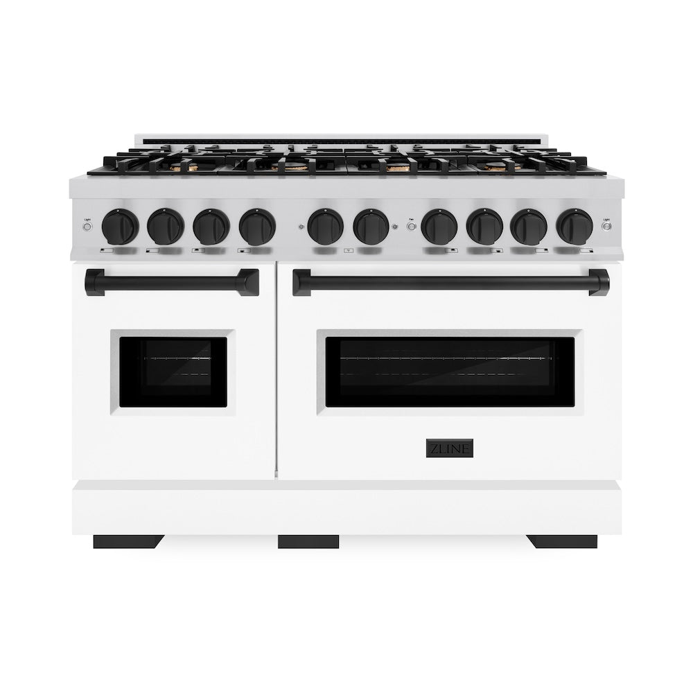 ZLINE Autograph Edition 48 in. Classic Dual Fuel Range, Double Oven, 8 Gas Burners, 6.7 cu. ft., Stainless Steel with White Matte Doors and Matte Black Accents (CDRZ-WM-48-MB)