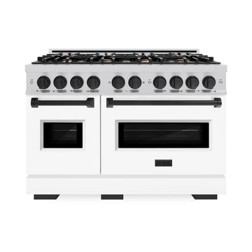 ZLINE Autograph Edition 48 in. Classic Dual Fuel Range, Double Oven, 8 Gas Burners, 6.7 cu. ft., Stainless Steel with White Matte Doors and Matte Black Accents (CDRZ-WM-48-MB)