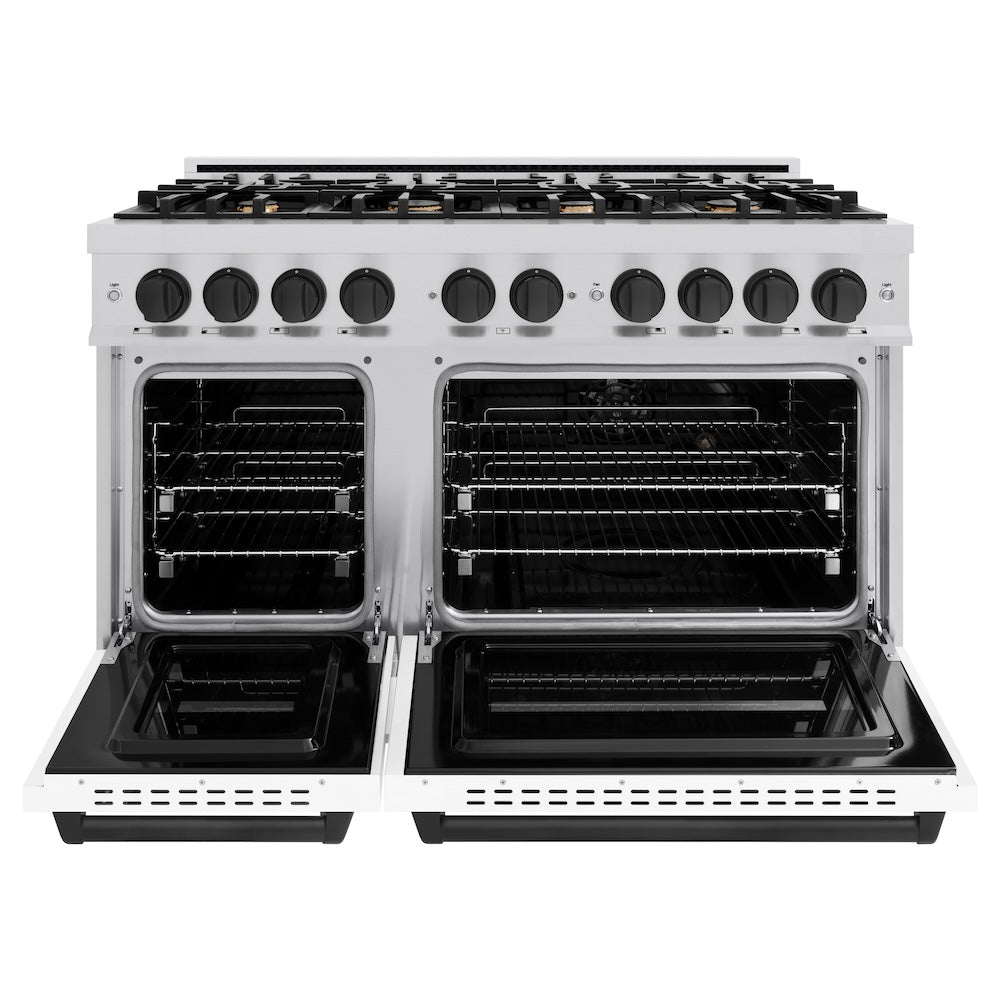 ZLINE Autograph Edition 48 in. Classic Dual Fuel Range, Double Oven, 8 Gas Burners, 6.7 cu. ft., Stainless Steel with White Matte Doors and Matte Black Accents (CDRZ-WM-48-MB)