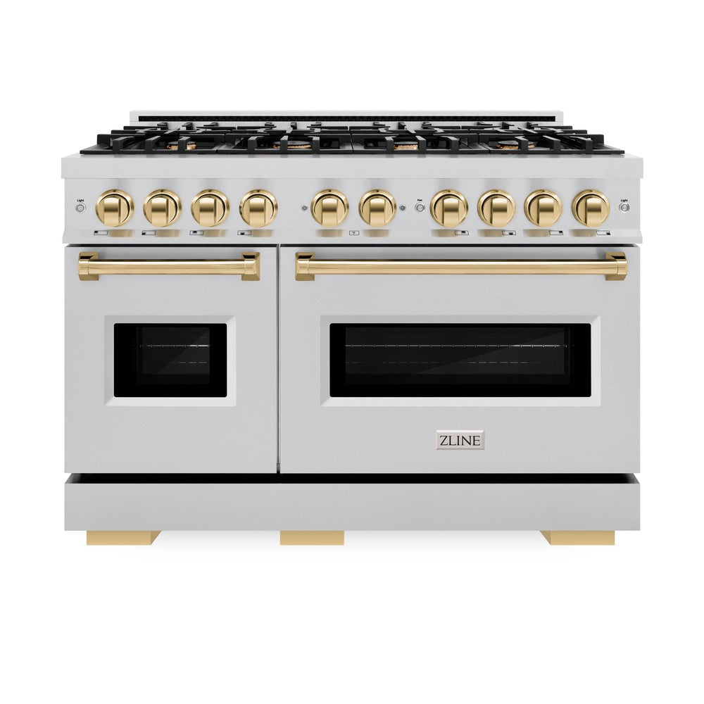 ZLINE 48 in. Dual Fuel Range 6.7 cu. ft. Double Oven 8 Burner Cooktop Stainless Steel with Polished Gold Accents (CDRZ-48-G)