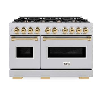 ZLINE 48 in. Dual Fuel Range 6.7 cu. ft. Double Oven 8 Burner Cooktop Stainless Steel with Polished Gold Accents (CDRZ-48-G)
