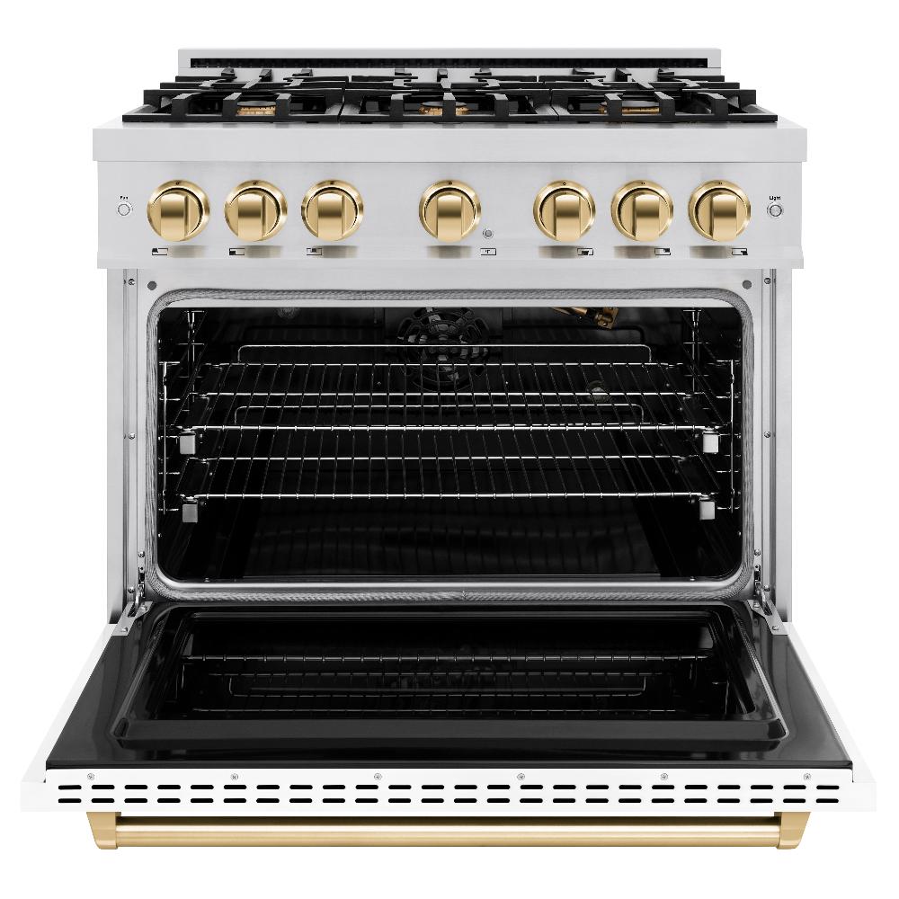 ZLINE 36 in. Gas Range 5.2 cu. ft. 6 Burners Stainless Steel White Matte Door Polished Gold Accents (CGRZ-WM-36-G)