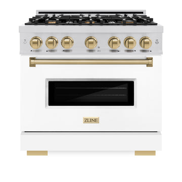 ZLINE 36 in. Gas Range 5.2 cu. ft. 6 Burners Stainless Steel with White Matte Door and Champagne Bronze Accents (CGRZ-WM-36-CB)