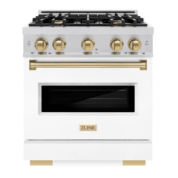 ZLINE 30 in. Classic Gas Range 4.2 cu. ft. 4 Burners Stainless Steel White Matte Door Champagne Bronze Accents (CGRZ-WM-30-CB)