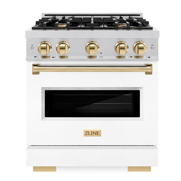 ZLINE 30 in. Classic Gas Range 4.2 cu. ft. 4 Burner Cooktop Convection Gas Oven Stainless Steel White Matte Door Polished Gold Accents (CGRZ-WM-30-G)