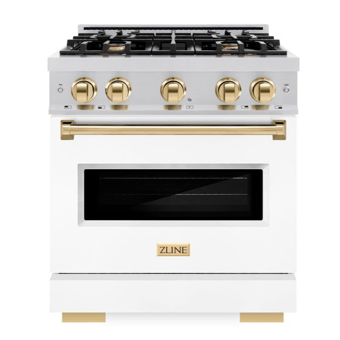 ZLINE 30 in. Classic Gas Range 4.2 cu. ft. 4 Burner Cooktop Convection Gas Oven Stainless Steel White Matte Door Polished Gold Accents (CGRZ-WM-30-G)
