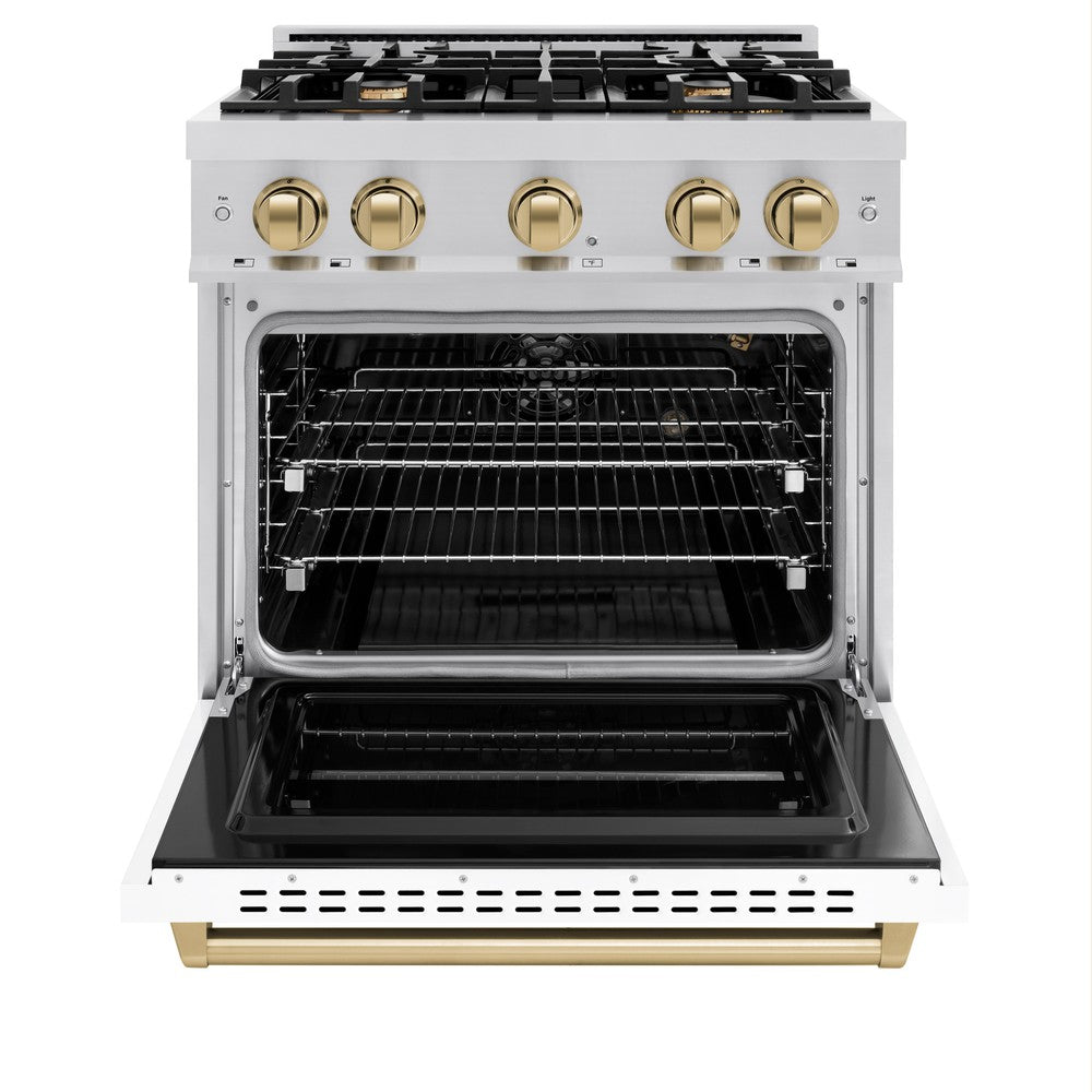 ZLINE 30 in. Classic Gas Range 4.2 cu. ft. 4 Burners Stainless Steel White Matte Door Champagne Bronze Accents (CGRZ-WM-30-CB)