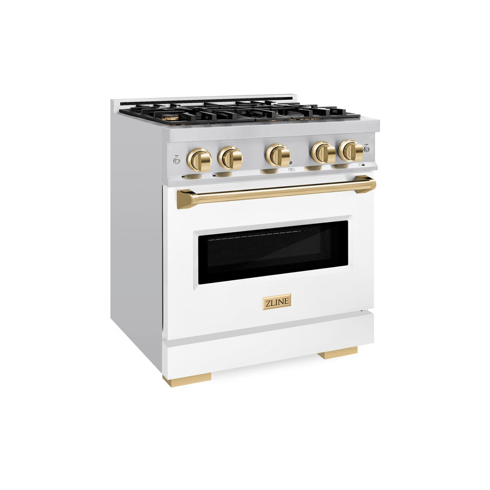 ZLINE 30 in. Classic Gas Range 4.2 cu. ft. 4 Burner Cooktop Convection Gas Oven Stainless Steel White Matte Door Polished Gold Accents (CGRZ-WM-30-G)