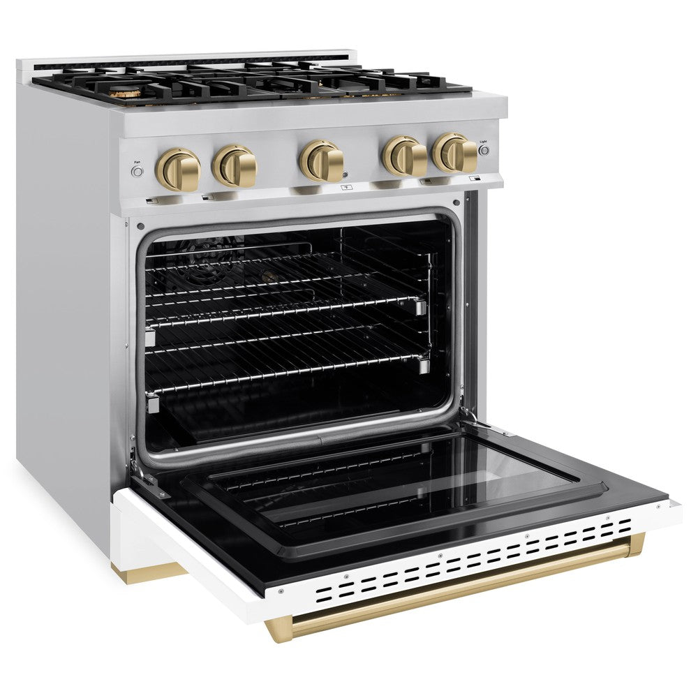 ZLINE 30 in. Classic Gas Range 4.2 cu. ft. 4 Burners Stainless Steel White Matte Door Champagne Bronze Accents (CGRZ-WM-30-CB)