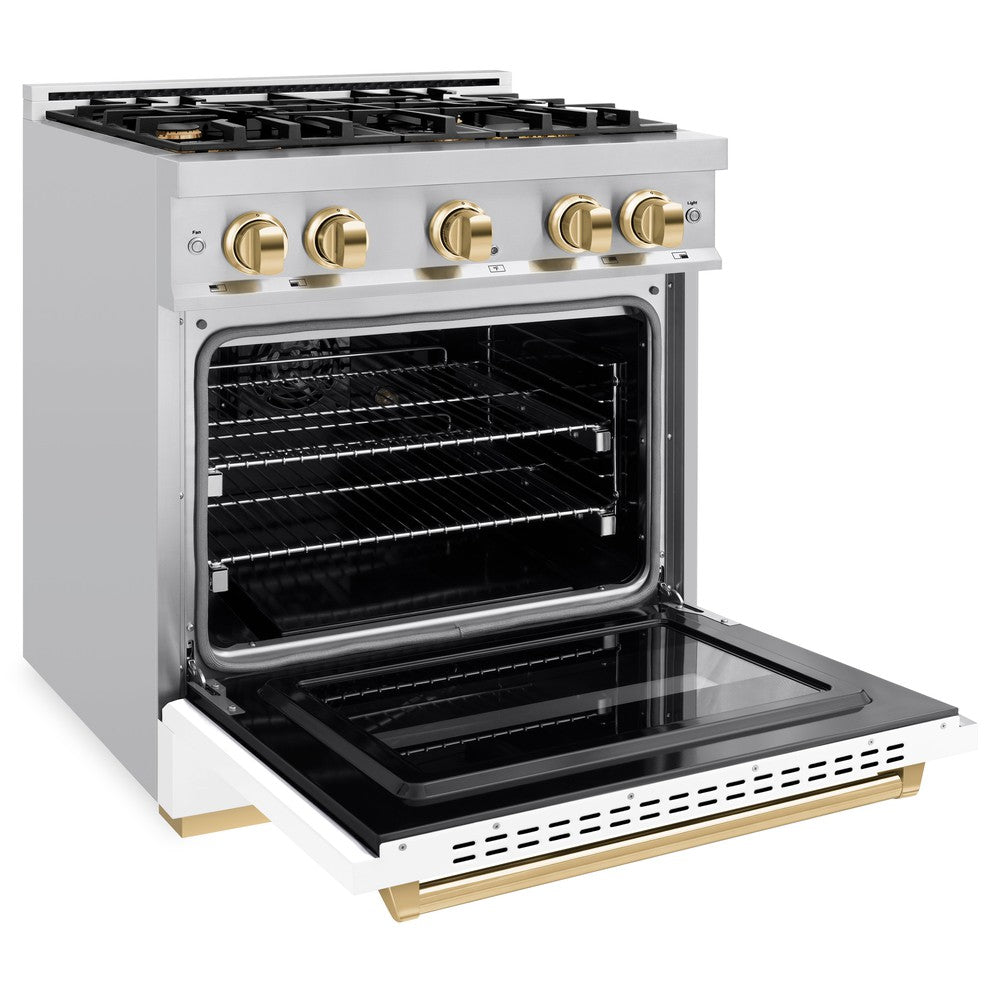 ZLINE 30 in. Classic Gas Range 4.2 cu. ft. 4 Burner Cooktop Convection Gas Oven Stainless Steel White Matte Door Polished Gold Accents (CGRZ-WM-30-G)