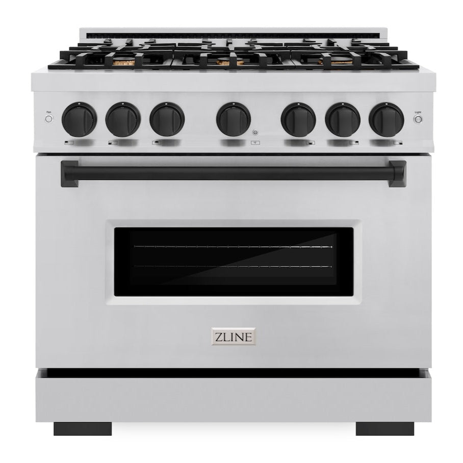 ZLINE 36 in. Gas Range 5.2 cu. ft. 6 Burners Stainless Steel with Matte Black Accents, MODEL CGRZ-36-MB