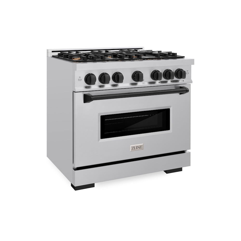 ZLINE 36 in. Gas Range 5.2 cu. ft. 6 Burners Stainless Steel with Matte Black Accents, MODEL CGRZ-36-MB