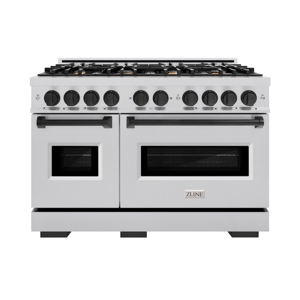 ZLINE 48 in. Gas Range Double Oven 6.7 cu. ft. 8 Burner Stainless Steel with Matte Black Accents (CGRZ-48-MB)