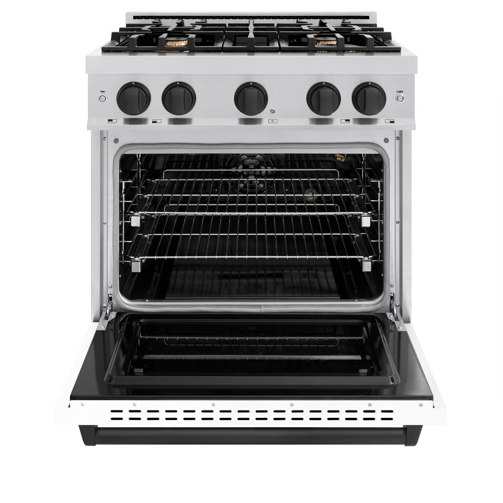 ZLINE Autograph Edition 30 in. 4.2 cu. ft. Classic Gas Range with 4 Burners, Stainless Steel with White Matte Door and Matte Black Accents (CGRZ-WM-30-MB)
