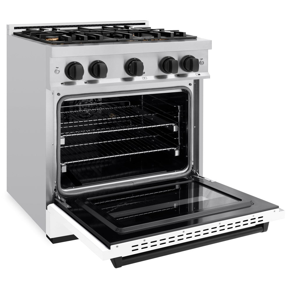 ZLINE Autograph Edition 30 in. 4.2 cu. ft. Classic Gas Range with 4 Burners, Stainless Steel with White Matte Door and Matte Black Accents (CGRZ-WM-30-MB)