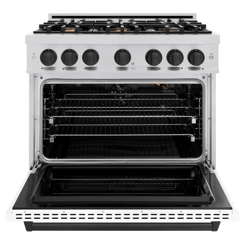 ZLINE 36 in. Gas Range 5.2 cu. ft. 6 Burners Convection Oven Stainless Steel White Matte Door Matte Black Accents (CGRZ-WM-36-MB)