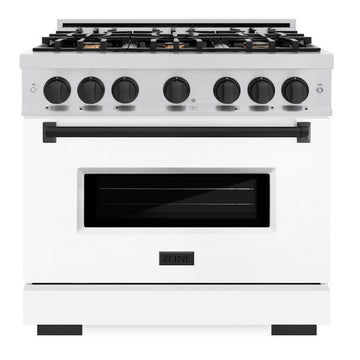 ZLINE 36 in. Gas Range 5.2 cu. ft. 6 Burners Convection Oven Stainless Steel White Matte Door Matte Black Accents (CGRZ-WM-36-MB)
