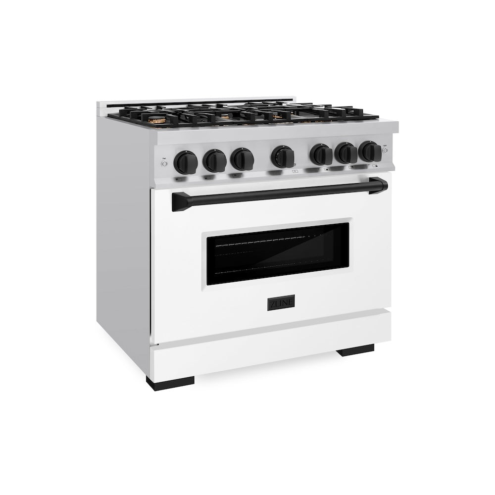 ZLINE 36 in. Gas Range 5.2 cu. ft. 6 Burners Convection Oven Stainless Steel White Matte Door Matte Black Accents (CGRZ-WM-36-MB)