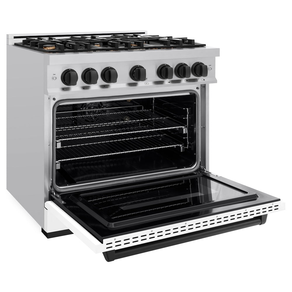 ZLINE 36 in. Gas Range 5.2 cu. ft. 6 Burners Convection Oven Stainless Steel White Matte Door Matte Black Accents (CGRZ-WM-36-MB)