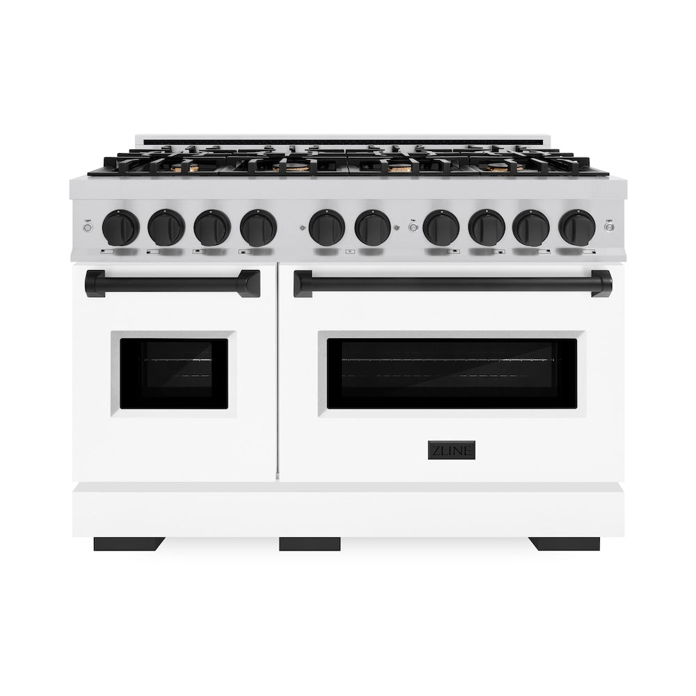 ZLINE Autograph Edition 48 in. Classic Double Oven Gas Range with 8 Burners, 6.7 cu. ft., Satin Stainless Steel with White Matte Doors and Matte Black Accents (CGRSZ-WM-48-MB)